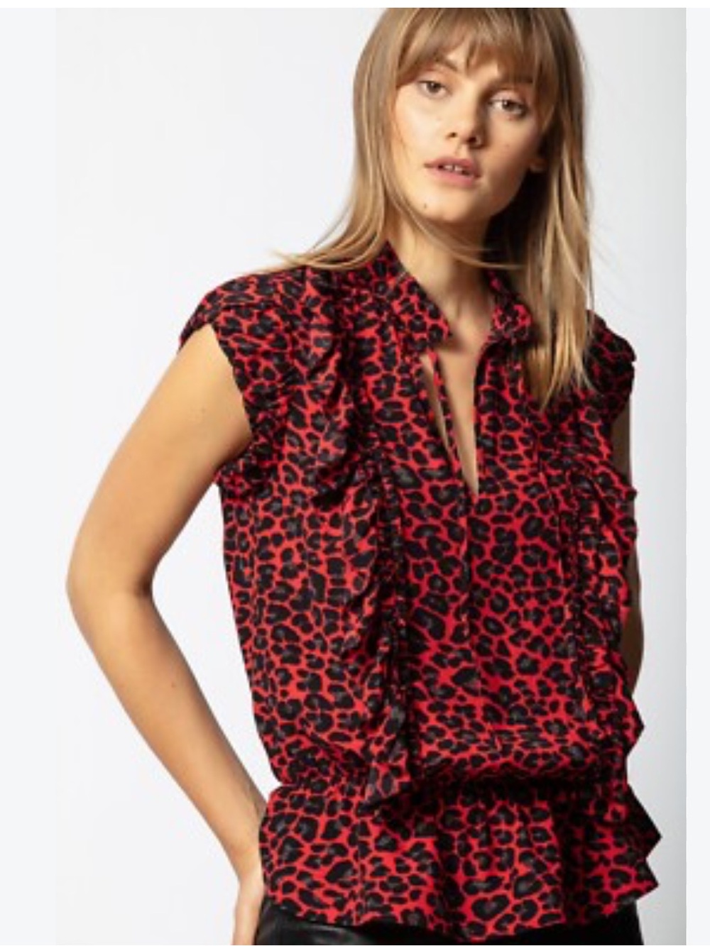 Zadig & Voltaire Tibo Red and Black Leopard Ruffle Cap-Sleeve Blouse